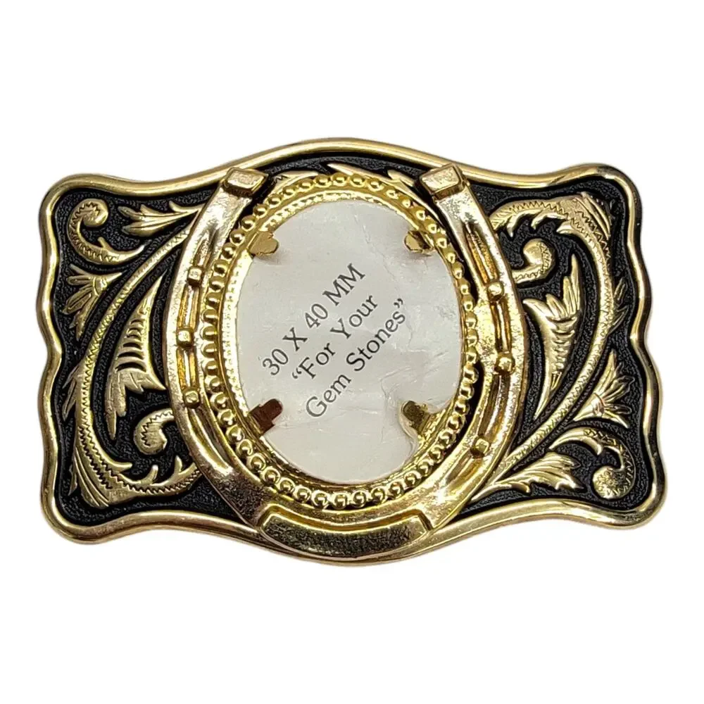 Western Horseshoe Belt Buckle Blank Floral Gold Black For 30x40mm Gemstone